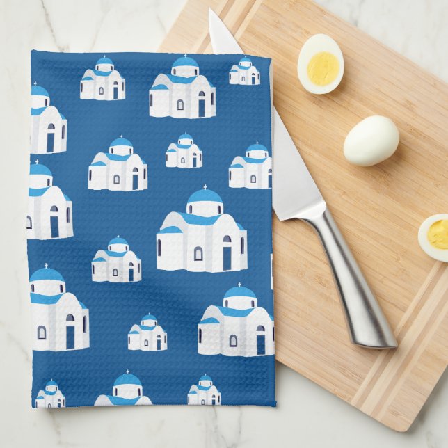 Greek Island Santorini Blue Dome Church  Kitchen Towel (Quarter Fold)