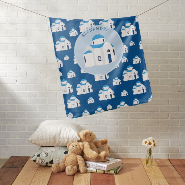 Greek Island Santorini Blue Dome Church Monogram Baby Blanket (In Situ)
