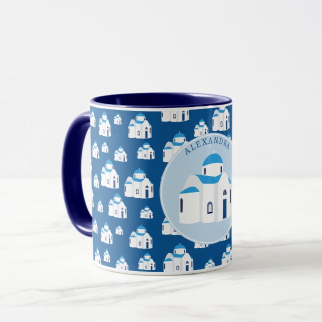 Greek Island Santorini Blue Dome Church Monogram Mug (Front Left)