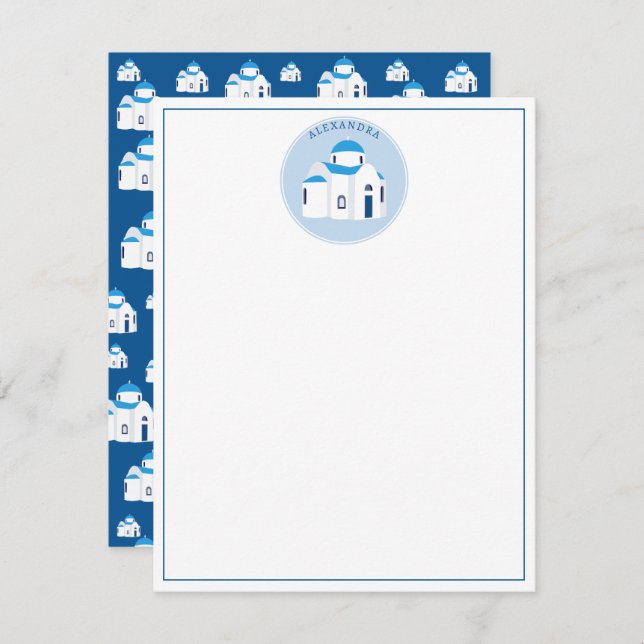 Greek Island Santorini Blue Dome Church Monogram Note Card (Front/Back)