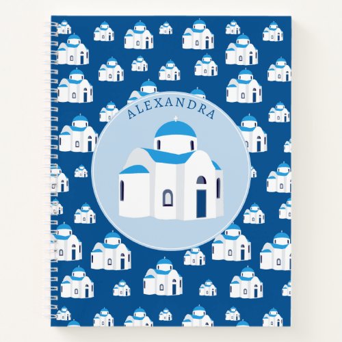 Greek Island Santorini Blue Dome Church Monogram Notebook