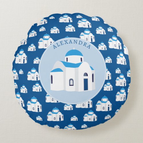 Greek Island Santorini Blue Dome Church Monogram Round Pillow
