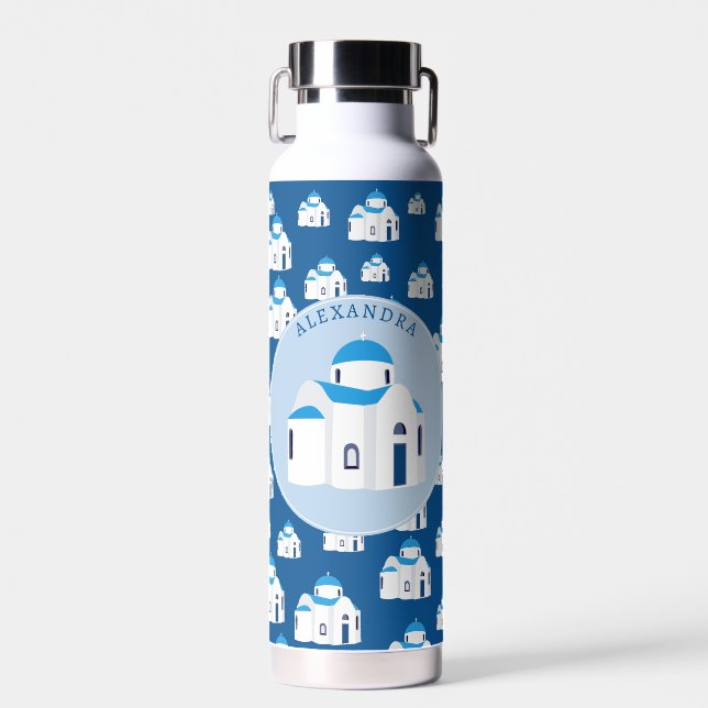 Greek Island Santorini Blue Dome Church Monogram Water Bottle (Front)