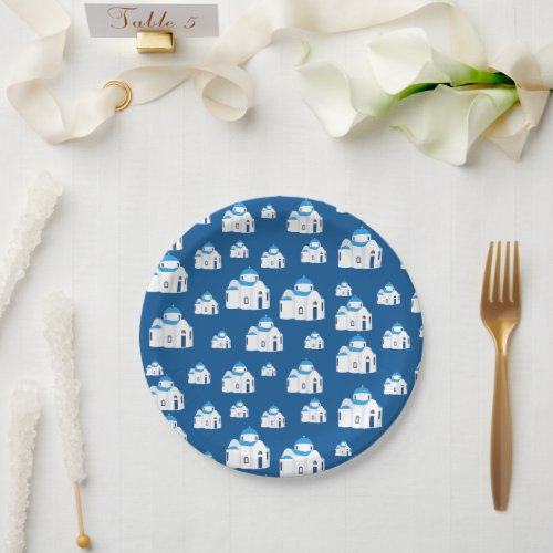 Greek Island Santorini Blue Dome Church  Paper Plates