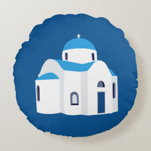 Greek Island Santorini Blue Dome Church Round Pillow