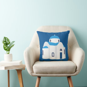 Greek Island Santorini Blue Dome Church Throw Pillow