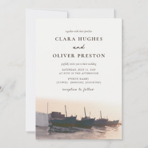 Greek Isles Harbor Fishing Boat Watercolor Wedding Invitation