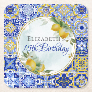 Greek Italian Blue Tiles Lemons Gold Glitter Frame Square Paper Coaster