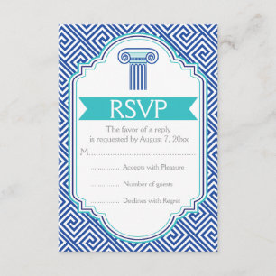 Greek key and aqua, blue column wedding RSVP Card