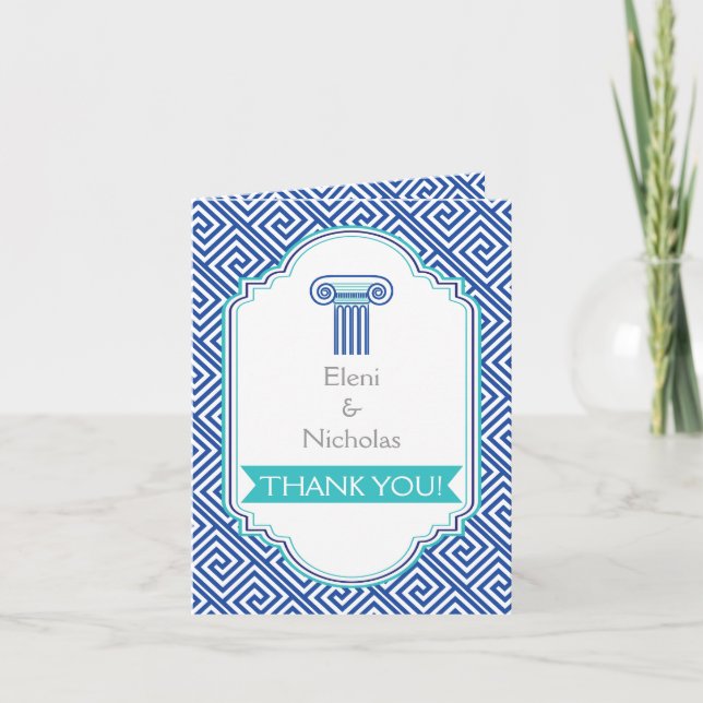 Greek key and aqua blue column wedding Thank You (Front)
