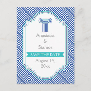 Greek key and blue column wedding Save the Date Announcement Postcard