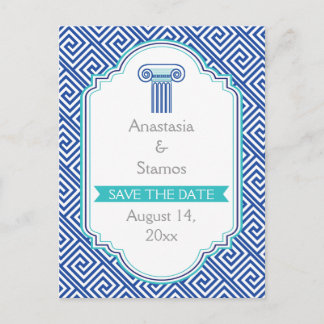 Greek key and blue column wedding Save the Date Announcement Postcard