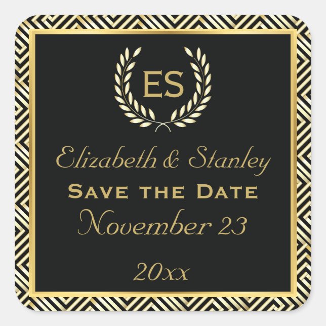 Greek key and laurel wreath wedding Save the Date Square Sticker (Front)