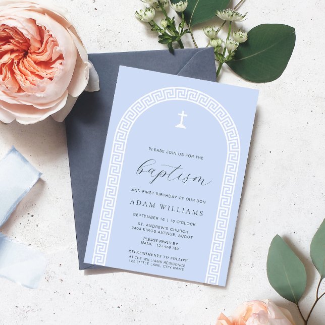Greek Key Arch Blue Baptism Invitation (Baptism Invitation Greek Key Blue White )