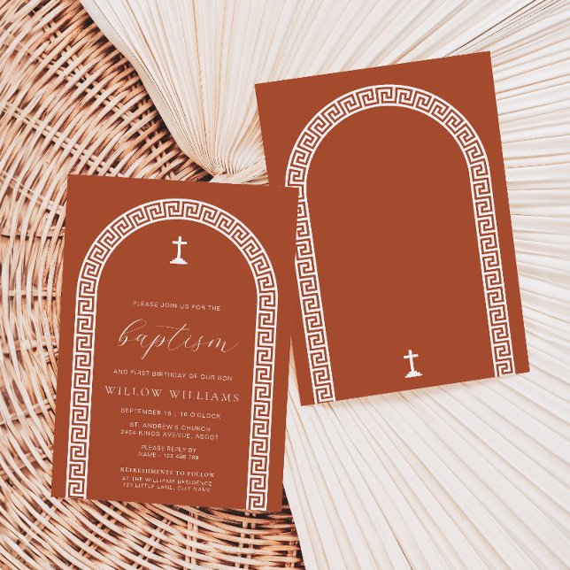 Greek Key Arch Terracotta Baptism Invitation (Baptism Invitation Greek Key Terracotta White )