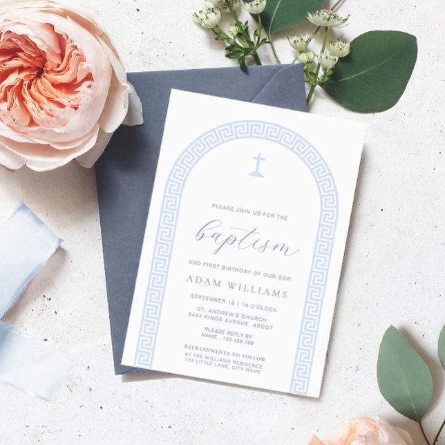 Greek Key Arch White Blue Baptism Invitation (Greek Key Baptism Invitation)