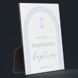 Greek Key Arch White Blue Baptism Welcome Sign Plaque<br><div class="desc">This design features a minimalist Greek key design with fully editable text. For more advanced customization of this design,  simply select the "Customize It" button above.</div>