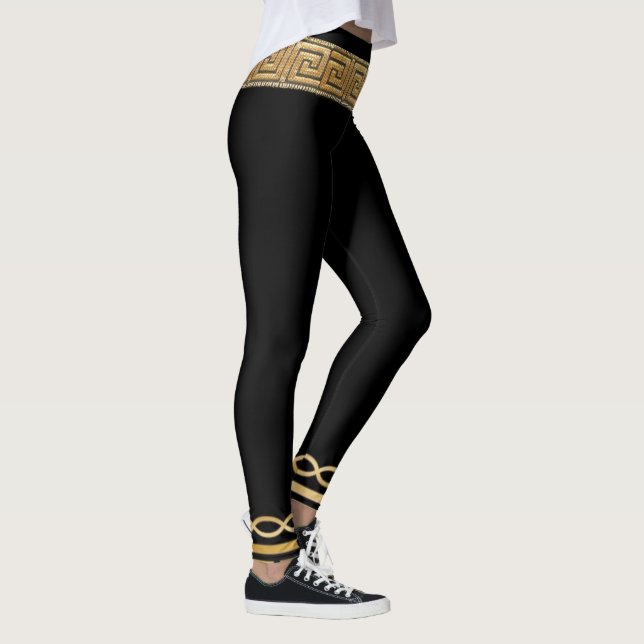 Greek Key Basic Gold on Black Athletic Leggings (Right)