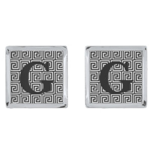 Greek Key, black and white Silver Cufflinks