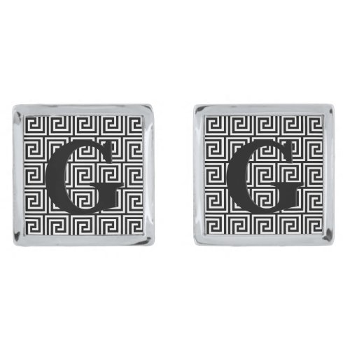 Greek Key black and white Silver Cufflinks