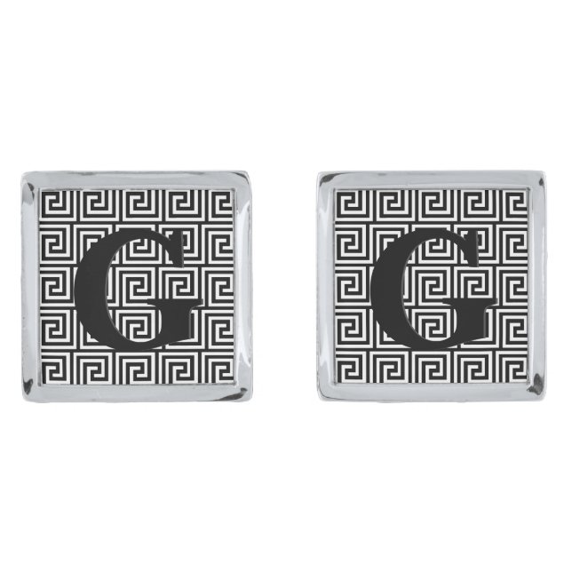 Greek Key, black and white Silver Cufflinks (Front)