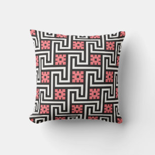 Greek Key, Black, White and Coral Pink Throw Pillow