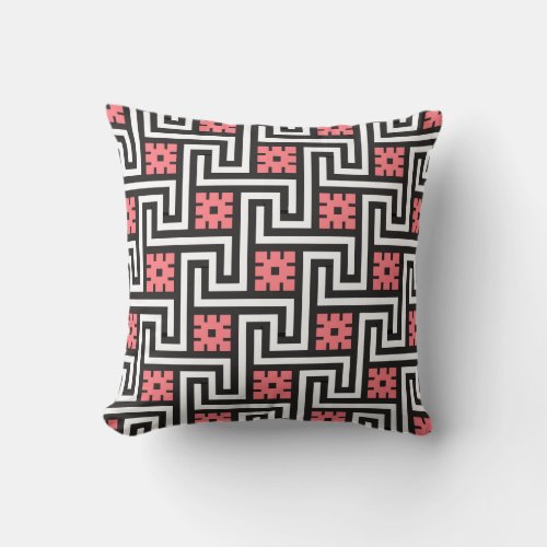 Greek Key Black White and Coral Pink Throw Pillow