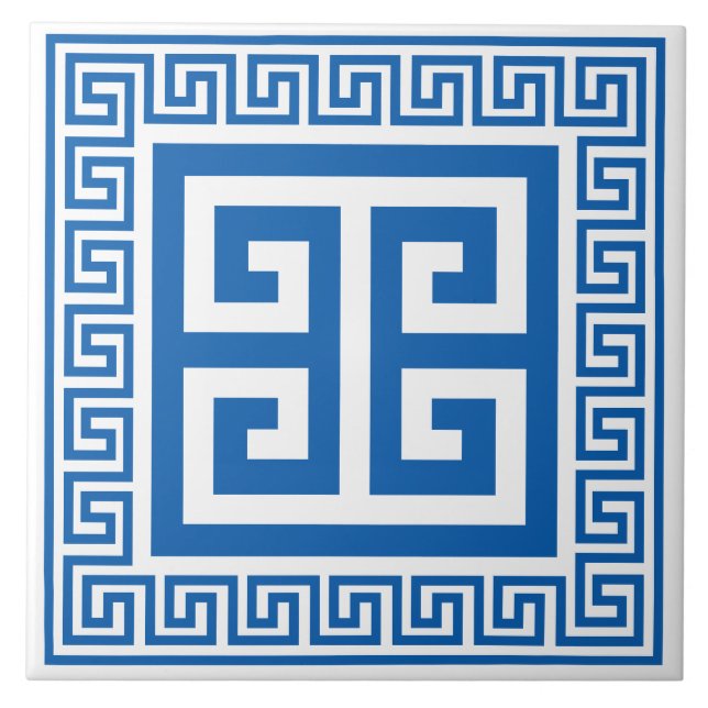 Greek Key Blue And White Pattern Ceramic Tile (Front)