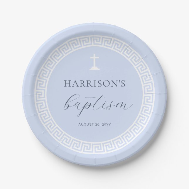 Greek Key Blue Baptism Paper Plates (Front)