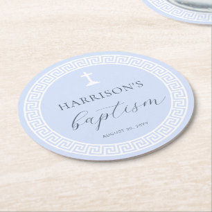 Greek Key Blue Baptism Round Paper Coaster