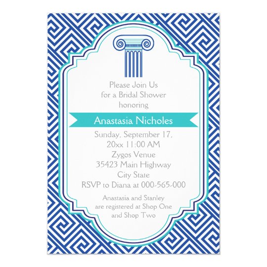Greek key & blue column wedding bridal shower invitation