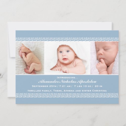 Greek Key Blue Photo Birth Announcement