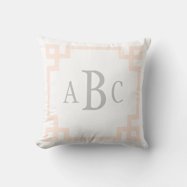 Greek Key Border Custom Monogram Cream and Peach Throw Pillow (Front)