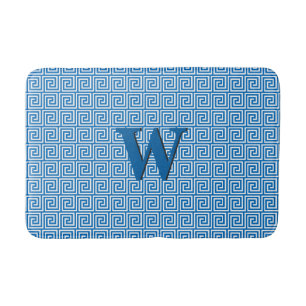 Greek Key, cerulean blue and white Bathroom Mat