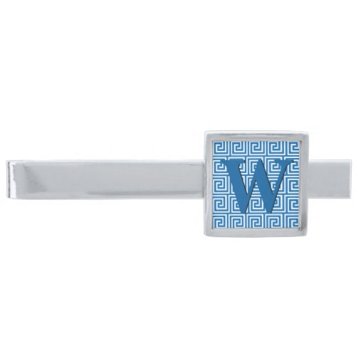 Greek Key cerulean blue and white Silver Finish Tie Clip