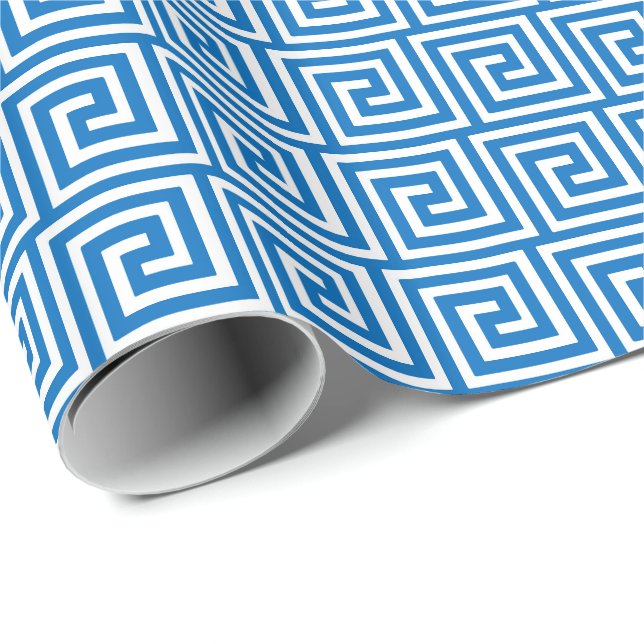 Greek Key, cerulean blue and white Wrapping Paper (Roll Corner)