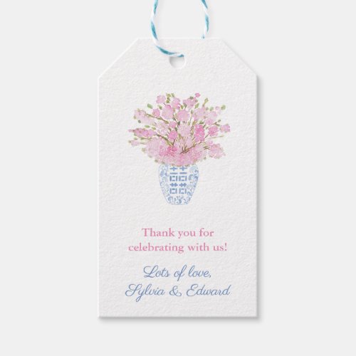 Greek Key Chinoiserie Cherry Blossom Bridal Shower Gift Tags - Blue and white ginger jar vase filled with cherry blossom stems. Elements handpainted by me in watercolor.  The reverse side as a "Greek Key" pattern backer. You can change the contrast color (shown here as a vibrant pink) to any color you like by entering the design tool (underneath the text customization area, click to "customize further") then changing the background color on the reverse.