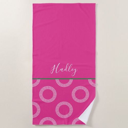 Greek Key Circles NAME College Sorority Pink Fun Beach Towel