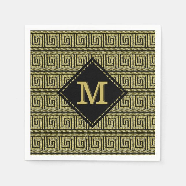 Greek Key Classic Design In Golds & Black Paper Napkins (Front)