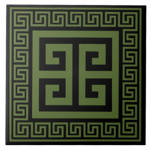 Greek Key Dark Olive Green On Black Ceramic Tile