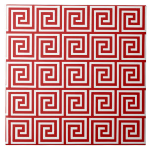 Greek Key, deep red and white Ceramic Tile