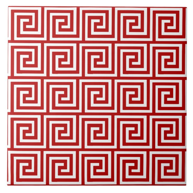 Greek Key, deep red and white Ceramic Tile (Front)