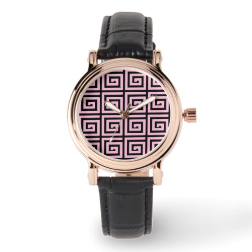 Greek Key design _ pink and black enamel look Watch