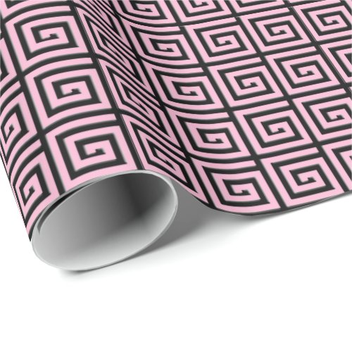 Greek Key design _ pink and black enamel look Wrapping Paper