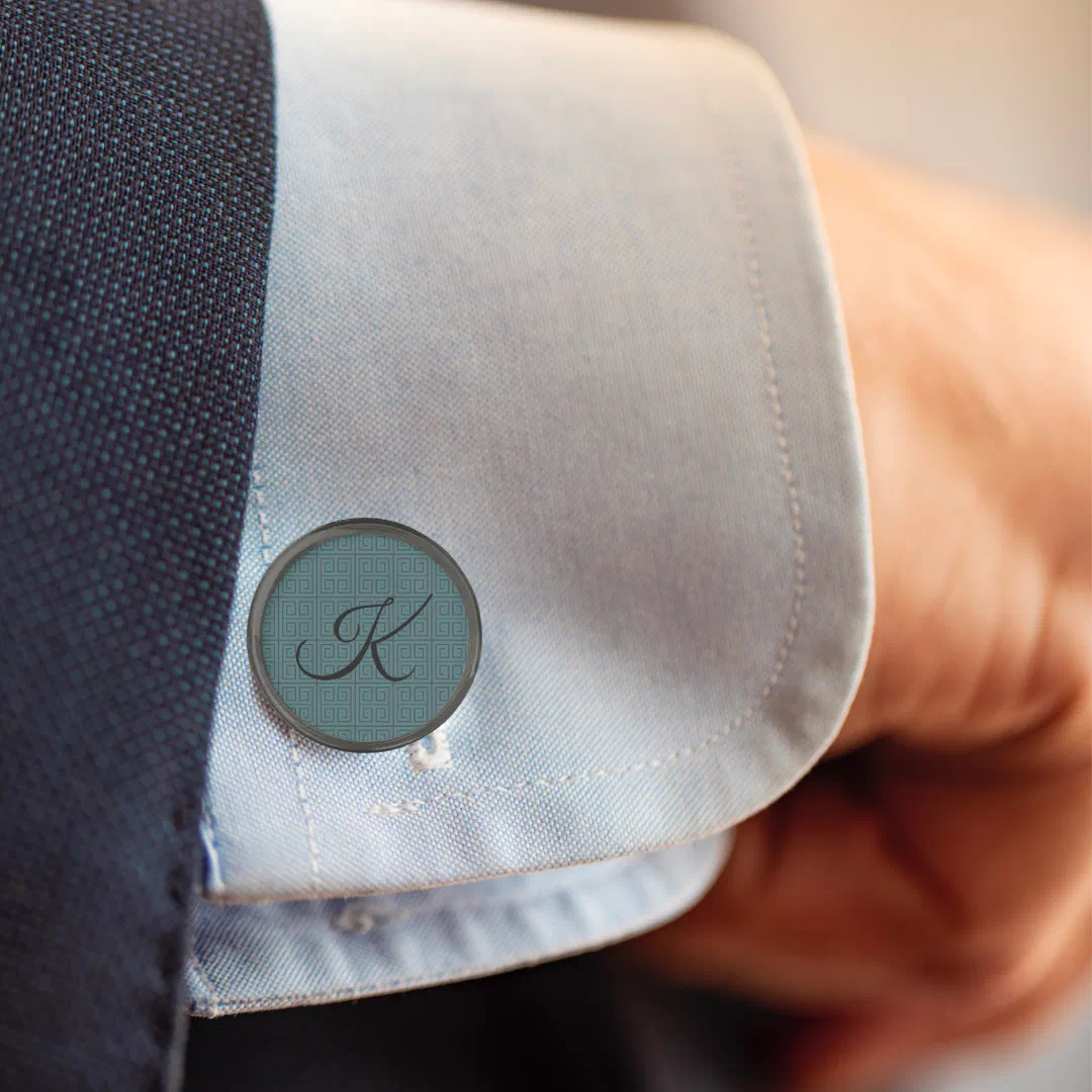 Greek Key Geometric Teal Custom Monogram Cufflinks
