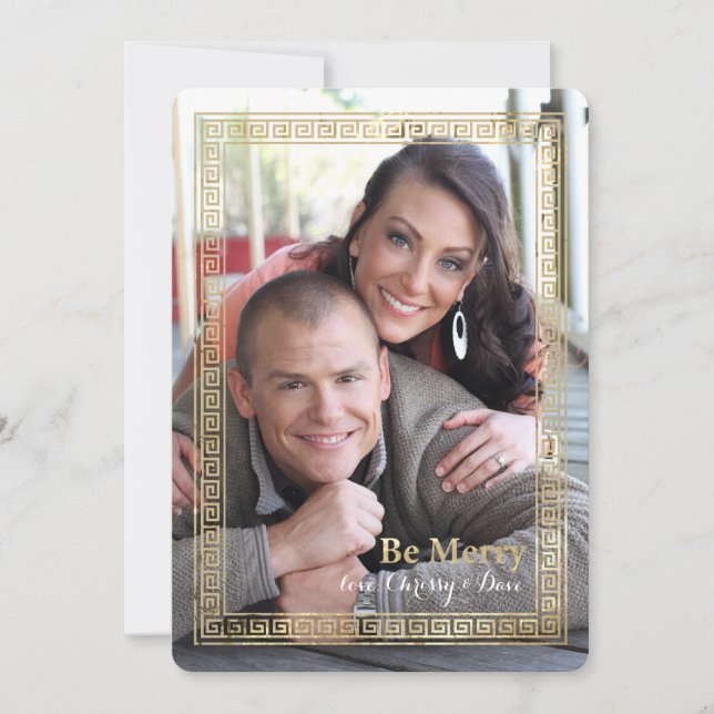 Greek Key Gold Frame Holiday Photo Card (Front)