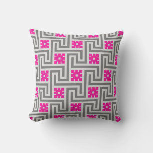 Greek Key, Grey / Gray and Fuchsia Pink Lumbar Pil Throw Pillow