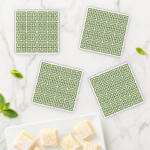 Greek Key in Green & White Acrylic Coaster Set