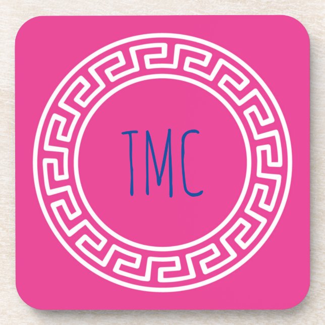 Greek Key INITIALS College Sorority Pink Round Beverage Coaster (Front)