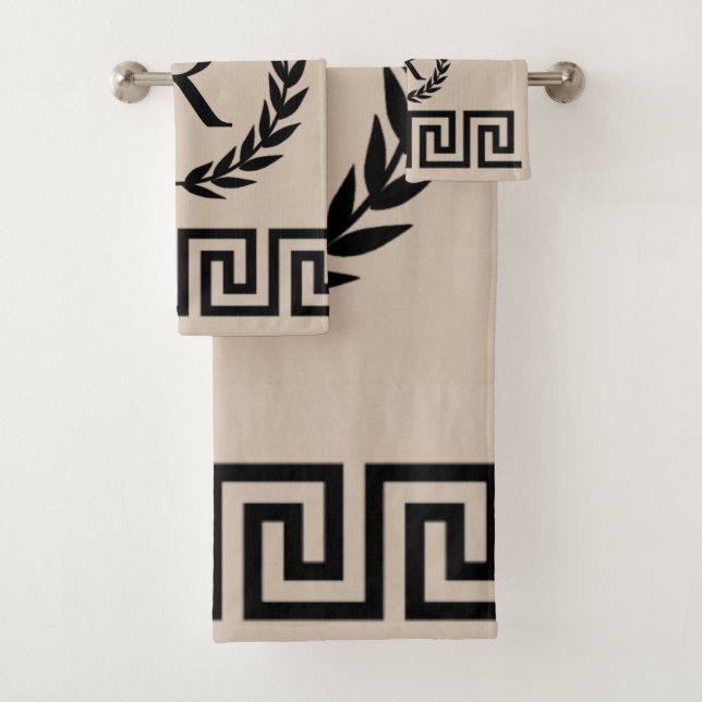 Greek Key, Laurel Wreath Beige PERSONALIZED Bath Towel Set (Insitu)
